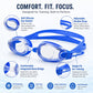 Blue swimming goggles with clear anti-fog lenses and adjustable double strap