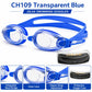 Transparent blue swimming goggles with anti-fog lenses and protective case