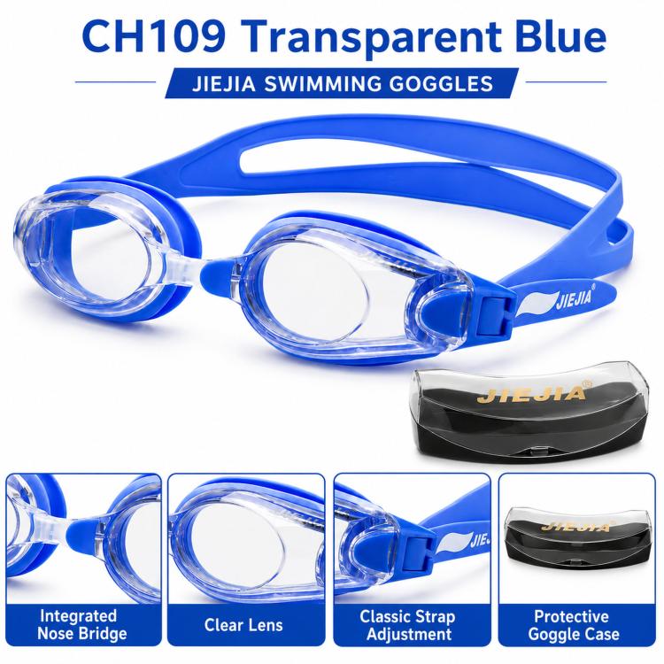 Transparent blue swimming goggles with anti-fog lenses and protective case