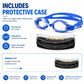 Blue swimming goggles kit with protective case for lenses and strap storage