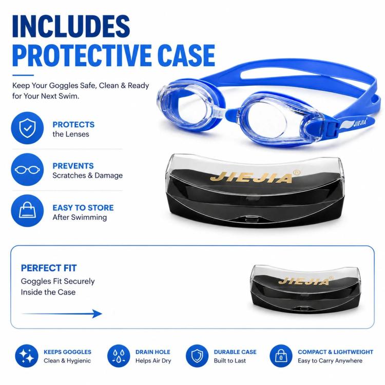 Blue swimming goggles kit with protective case for lenses and strap storage