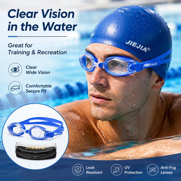 JIEJIA blue anti-fog swimming goggles with wide clear lenses