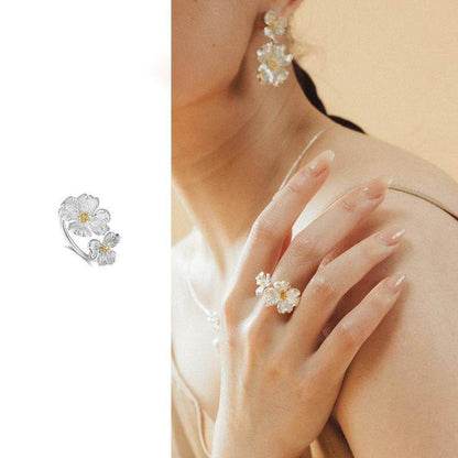 Dogwood Flower Open Rings Adjustable Two-Tone Floral Statement Finger Knuckle Jewelry