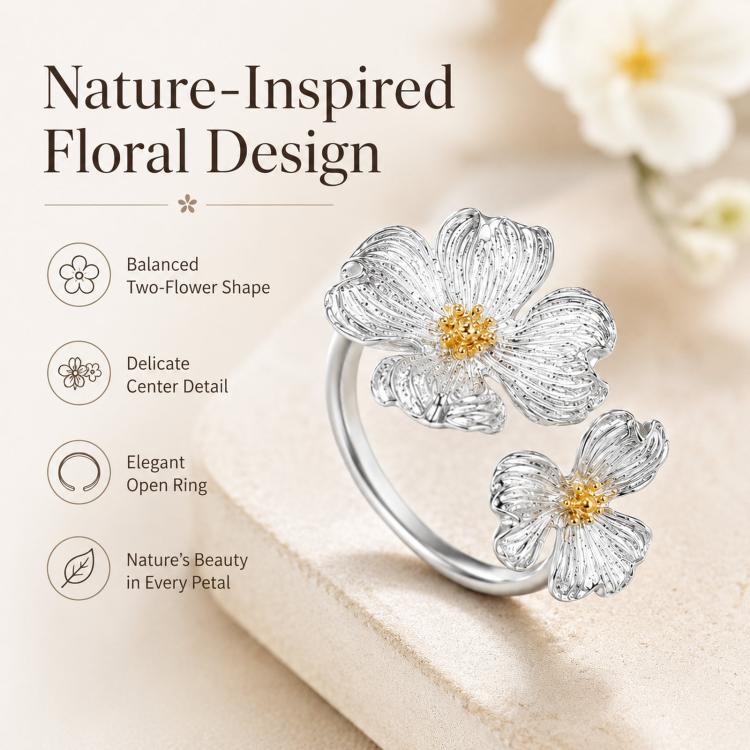 Dogwood Flower Open Rings Adjustable Two-Tone Floral Statement Finger Knuckle Jewelry