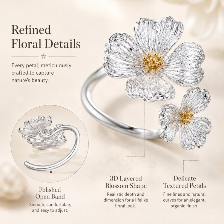 Dogwood Flower Open Rings Adjustable Two-Tone Floral Statement Finger Knuckle Jewelry