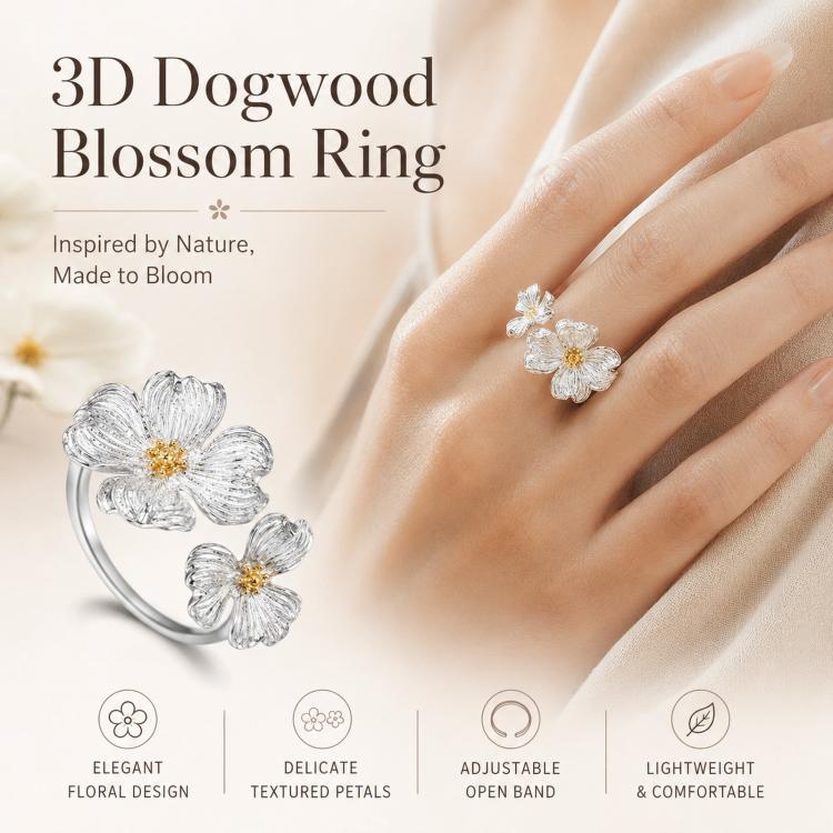 Dogwood Flower Open Rings Adjustable Two-Tone Floral Statement Finger Knuckle Jewelry
