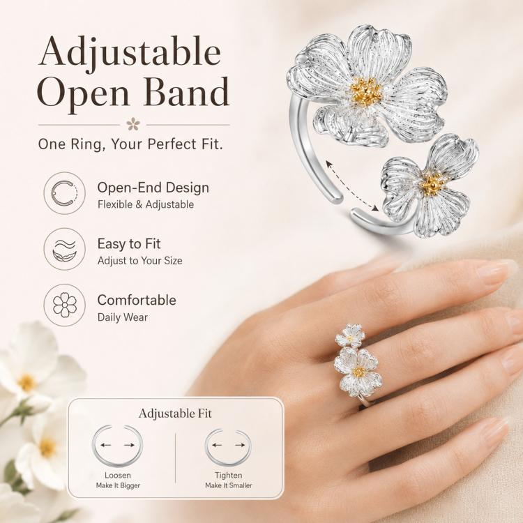 Dogwood Flower Open Rings Adjustable Two-Tone Floral Statement Finger Knuckle Jewelry