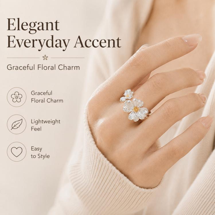 Dogwood Flower Open Rings Adjustable Two-Tone Floral Statement Finger Knuckle Jewelry