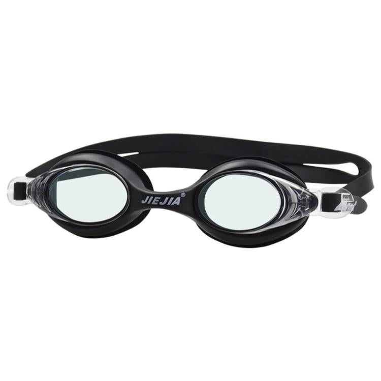 Black silicone swimming goggles with anti-fog lenses and adjustable strap.