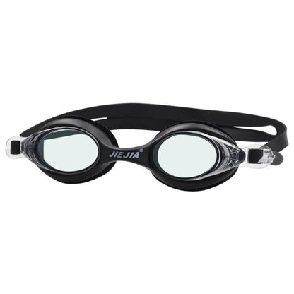 Black silicone swimming goggles with anti-fog lenses and adjustable strap.