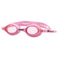 Pink silicone swimming goggles with anti-fog lenses and adjustable strap.