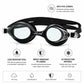 Black silicone swimming goggles with anti-fog lenses and adjustable strap.