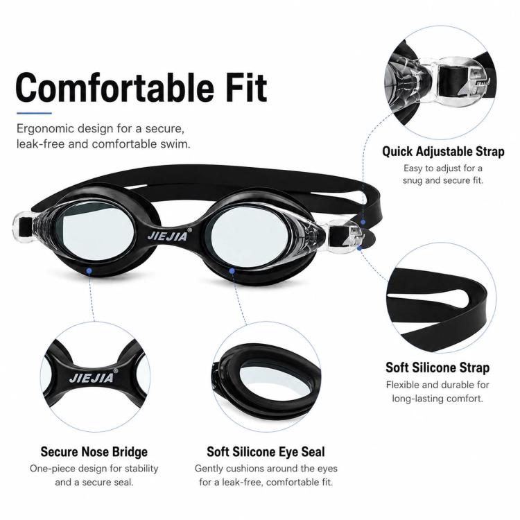 Black silicone swimming goggles with soft silicone strap and anti-fog lenses.