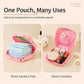 Pink multipurpose zip pouch with peach print, shown holding pads and makeup items.