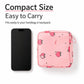 Pink zip pouch with peach pattern, compact square shape beside a smartphone for scale.