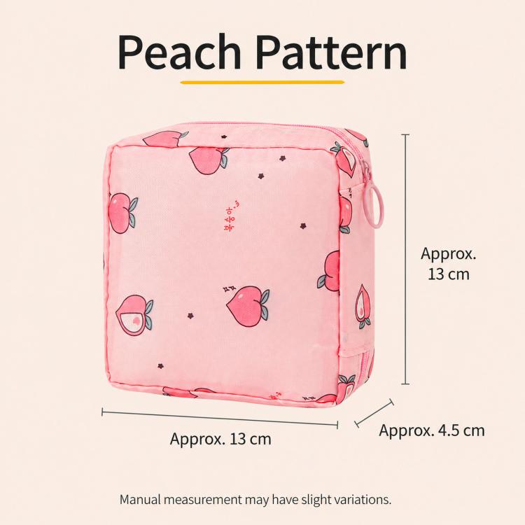 Peach-print pink storage pouch with zipper, front view with size dimensions shown.