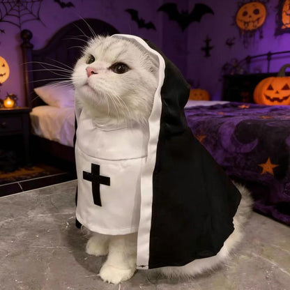 Cat wearing a black-and-white nun-style costume with a white hood and black cross panel.