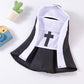 Nun-style pet costume laid flat: white hood and front panel with black cross emblem.