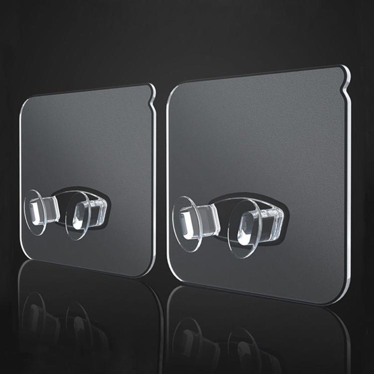Adhesive wall hook pair with clear clips for hanging rackets, flat adhesive backing