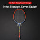 Adhesive wall hook holding a badminton racket upright with clear clips