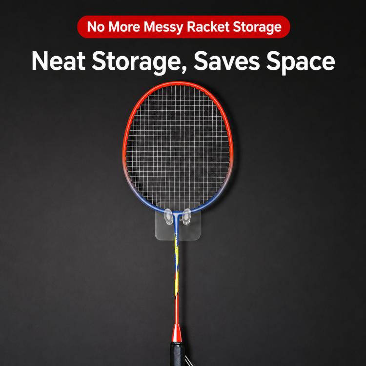 Adhesive wall hook holding a badminton racket upright with clear clips
