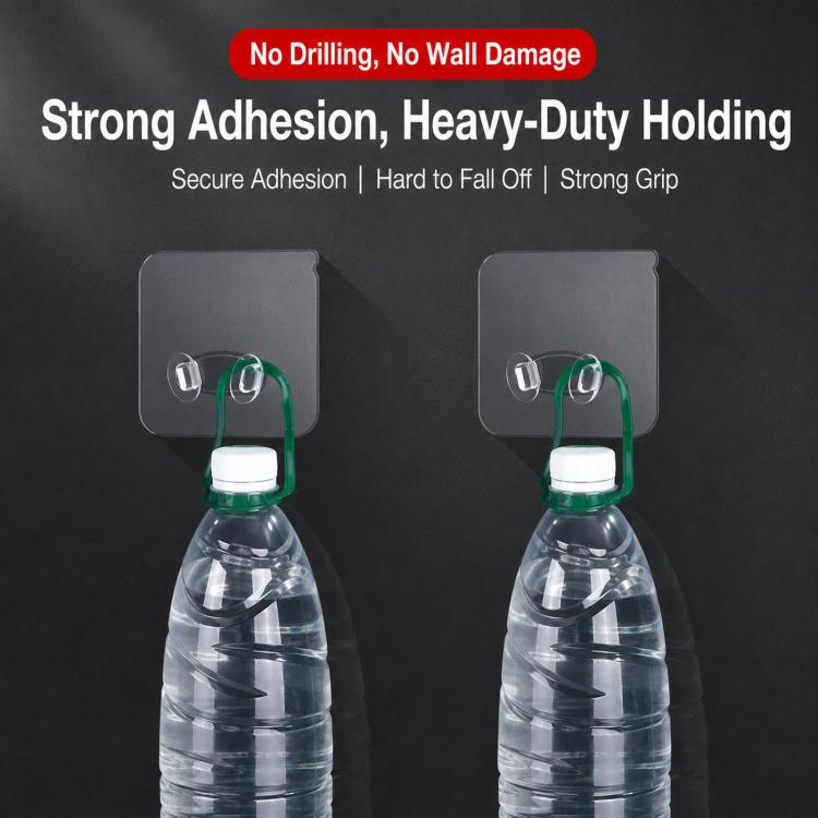 No-drill adhesive wall hooks holding two items with clear clips and square backing pads