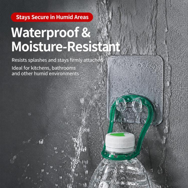 Waterproof adhesive wall hook holding a bottle with green handle, clear double clip