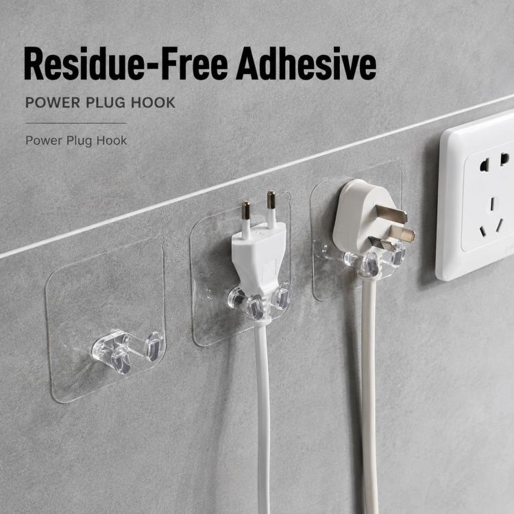 Power plug adhesive hook with clear holder on wall, no-drill mounting