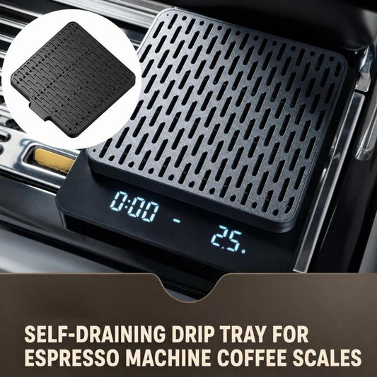 Black perforated espresso drip tray with blue lit display on coffee scale