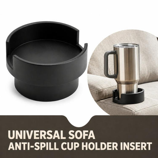 Black 3D-printed PLA sofa cup holder insert with open circular tray and tabs