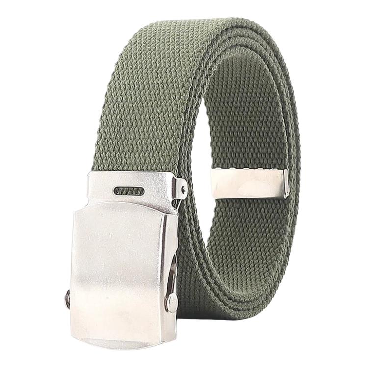 Men's narrow canvas web belt in army green with silver automatic slider buckle