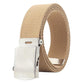 Tan canvas web belt with silver sliding buckle, narrow casual design