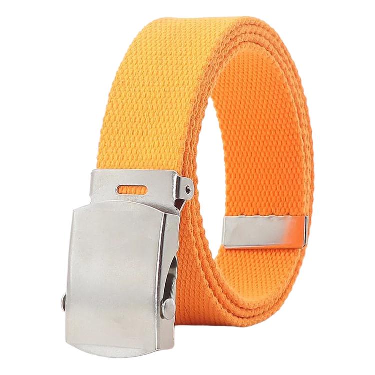 Orange canvas web belt with silver sliding buckle, narrow casual design