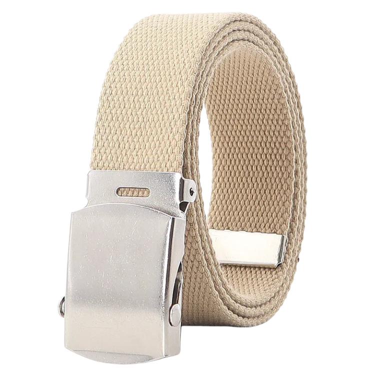 Men's canvas web belt, khaki, showing automatic slider buckle with silver-toned clasp