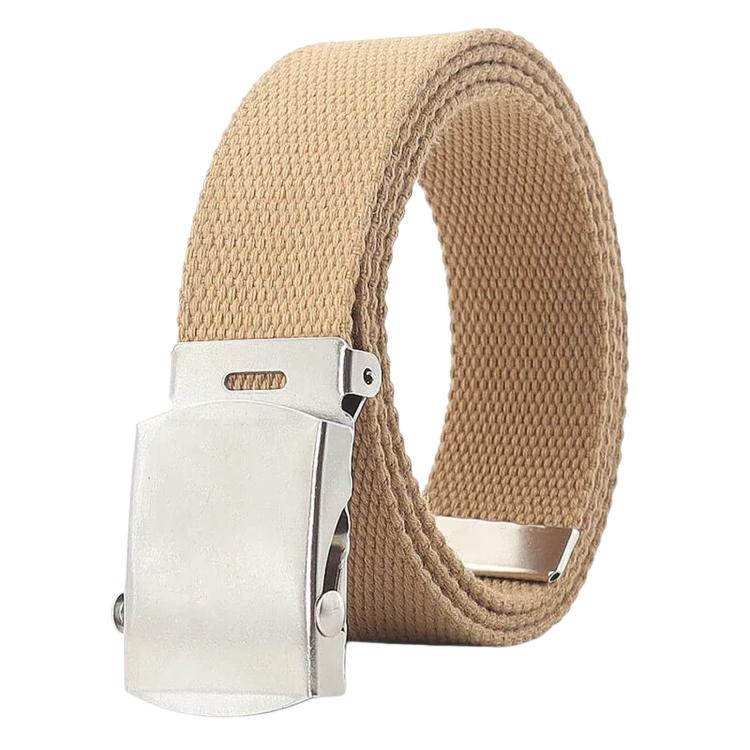 Light tan canvas web belt with silver automatic sliding buckle