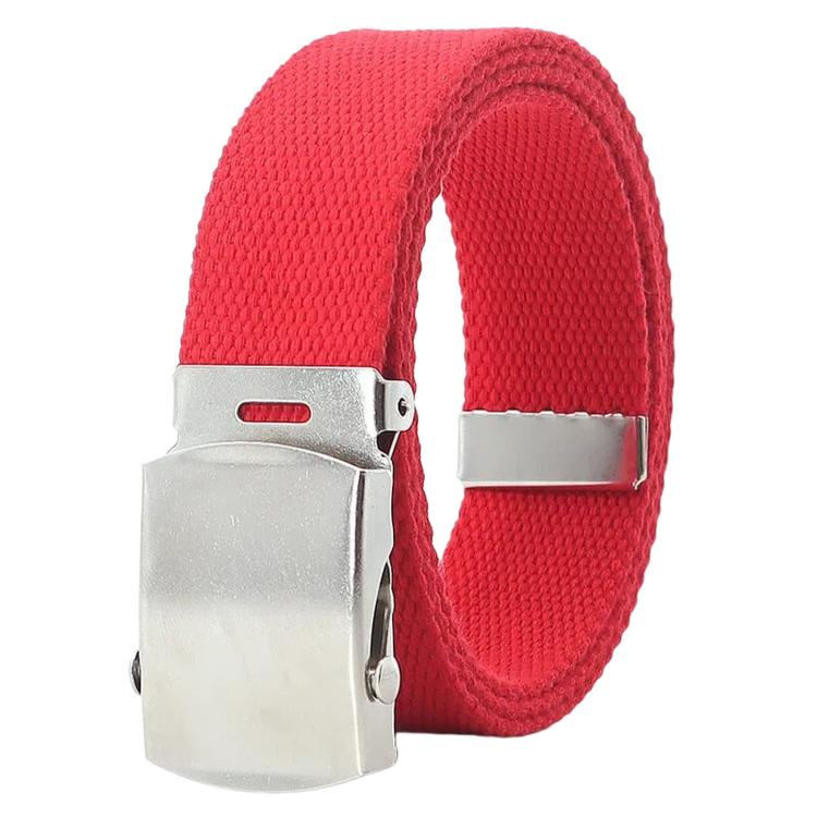 Men's canvas web belt in red with automatic slider buckle and metal clasp details