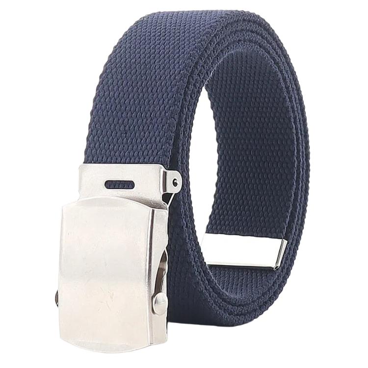 Men's canvas web belt in navy with automatic slider buckle and silver buckle plate