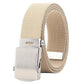 Men's canvas web belt in khaki with automatic slider buckle and metal buckle plate