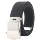 Narrow dark canvas belt with silver automatic buckle and slider adjustment