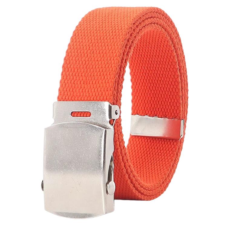 Orange narrow web belt with silver automatic slider buckle detail
