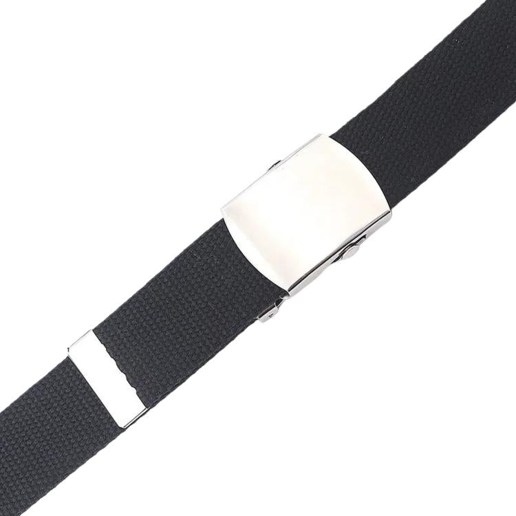 Black canvas belt with silver slider buckle and smooth metal plate
