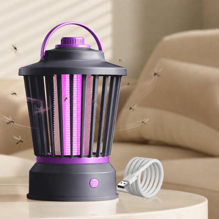 Portable mosquito-killing night light with dark lantern body and purple glowing light tubes