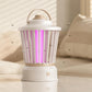 Portable mosquito-killing night light with white lantern body and purple vertical light tubes