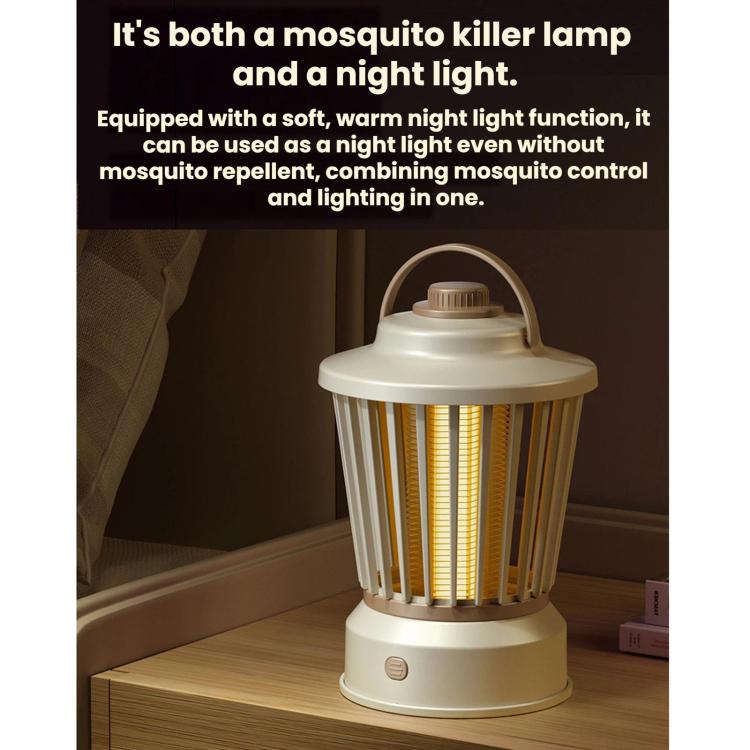 Mosquito-killing night light with white lantern body and warm yellow light glow