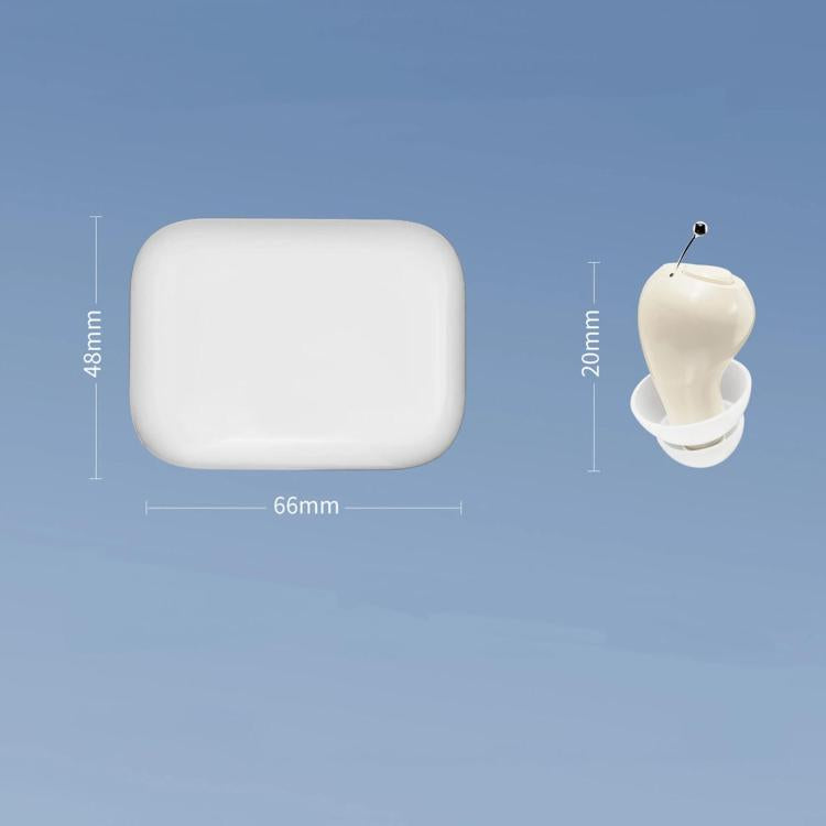 Invisible white in-ear hearing aid with small microphone pin and earbud tip