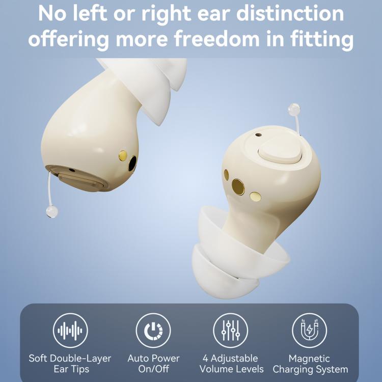 Pair of light beige in-ear hearing aids, small hook-style devices