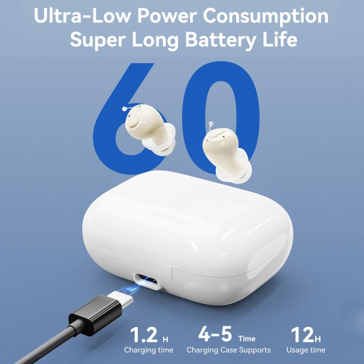 White charging case with two light beige in-ear hearing aids