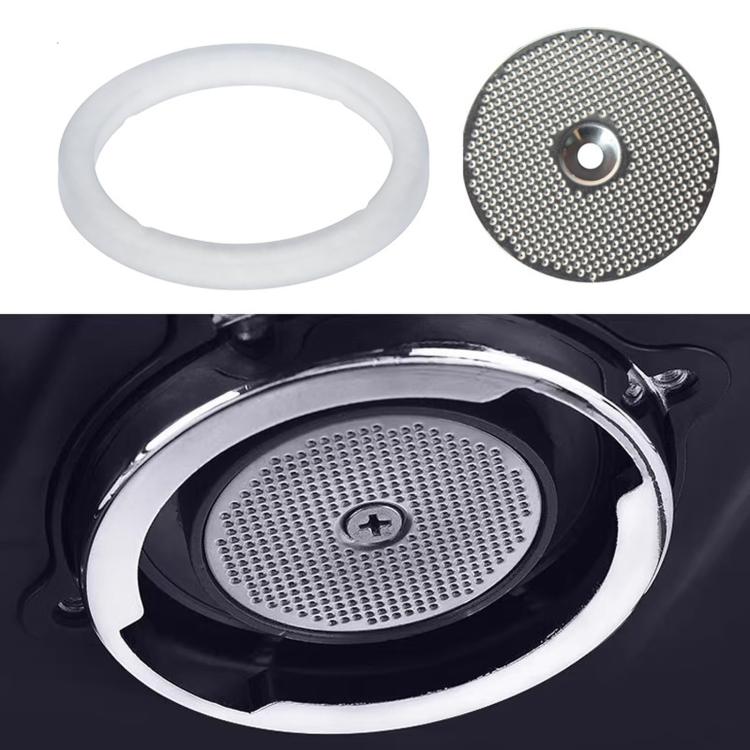 Espresso machine brew head with shower screen and white silicone gasket ring