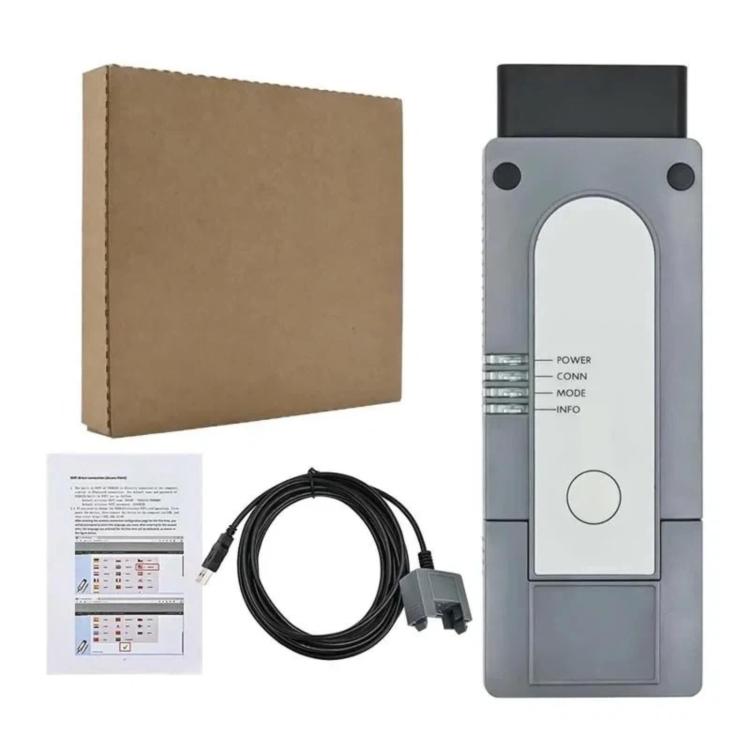 WiFi vehicle diagnostic tool with cable, instruction sheet, and cardboard box