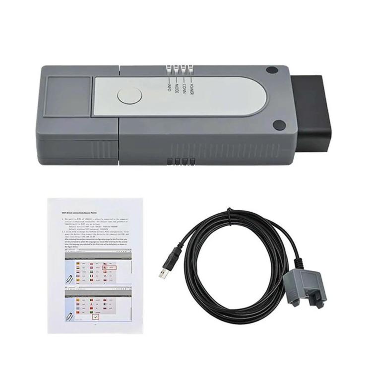 WiFi vehicle diagnostic tool side view with cable and instruction sheet